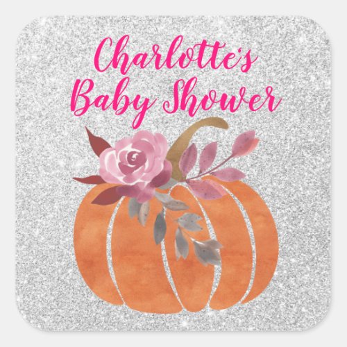 Fall Autumn Floral Pumpkin Baby Shower Pink Silver Square Sticker