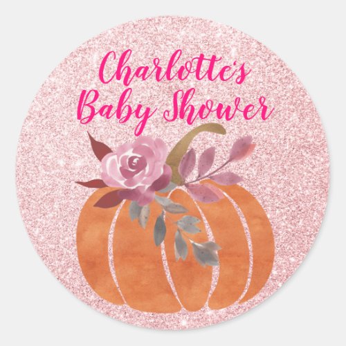 Fall Autumn Floral Pumpkin Baby Shower Rose Gold Classic Round Sticker