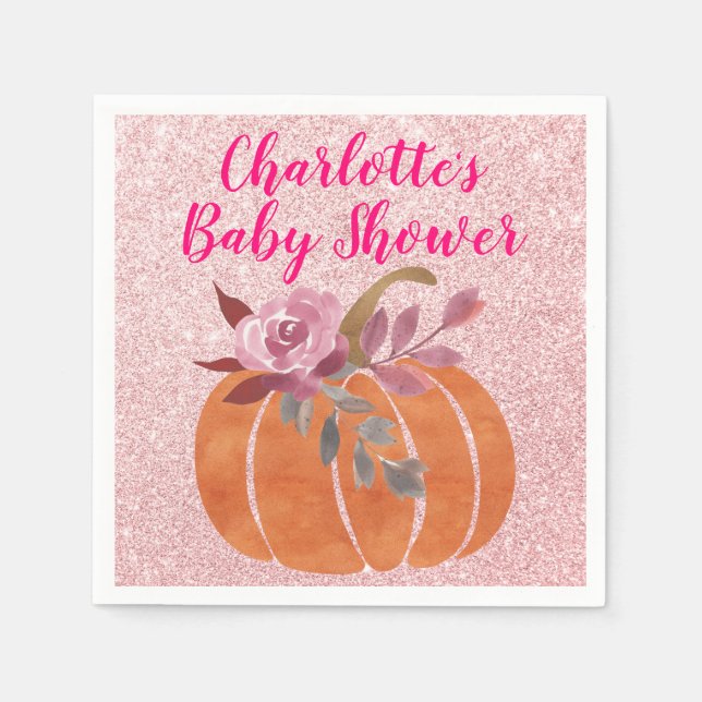 Fall Autumn Floral Pumpkin Baby Shower Rose Gold Napkins (Front)