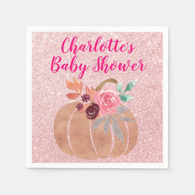 Fall Autumn Floral Pumpkin Baby Shower Rose Gold Napkins (Front)