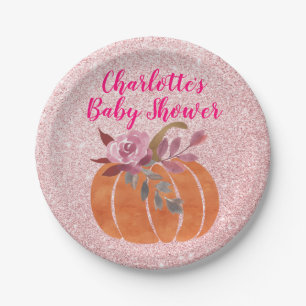 Fall Autumn Floral Pumpkin Baby Shower Rose Gold Paper Plates