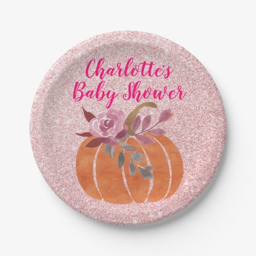 Fall Autumn Floral Pumpkin Baby Shower Rose Gold Paper Plates