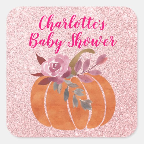 Fall Autumn Floral Pumpkin Baby Shower Rose Gold Square Sticker