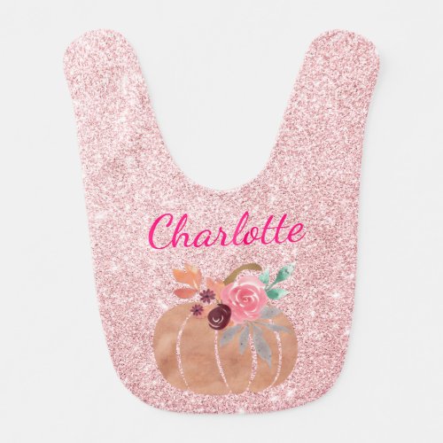 Fall Autumn Floral Pumpkin Pink Rose Gold Glitter Baby Bib