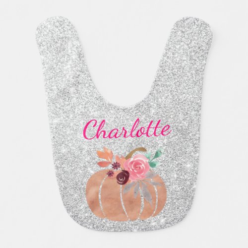 Fall Autumn Floral Pumpkin Silver Glitter Name Baby Bib