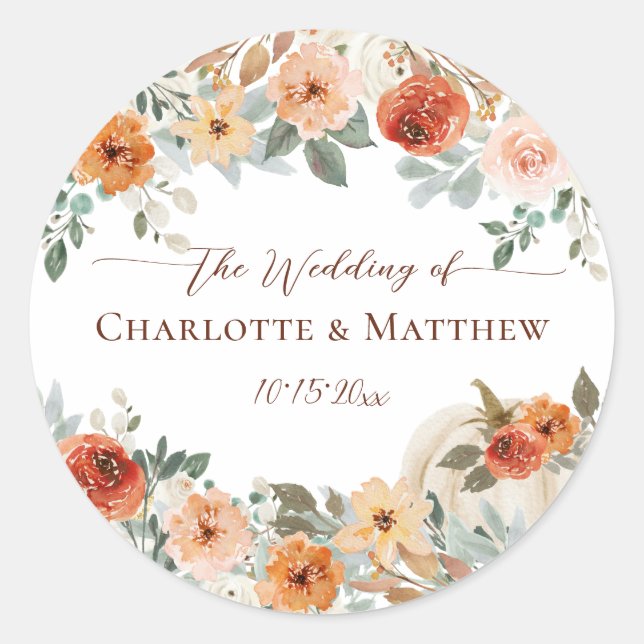 Fall Autumn Floral Pumpkin Wedding Classic Round Sticker (Front)