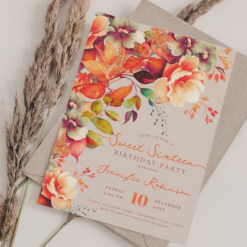 Fall Autumn Floral Sweet 16 Birthday Champagne Invitation