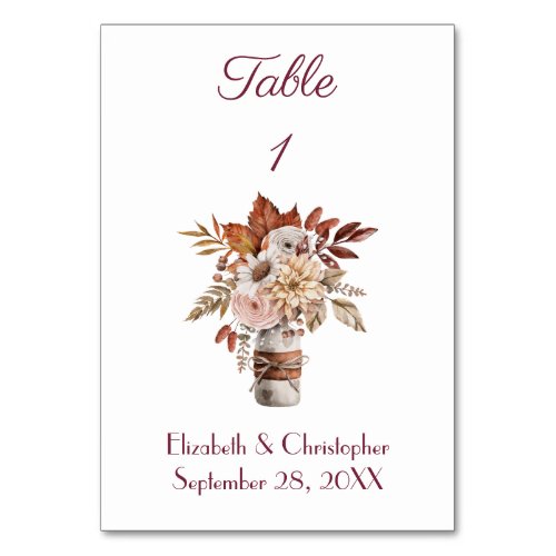 Fall Autumn Floral Watercolor Wedding Table Number