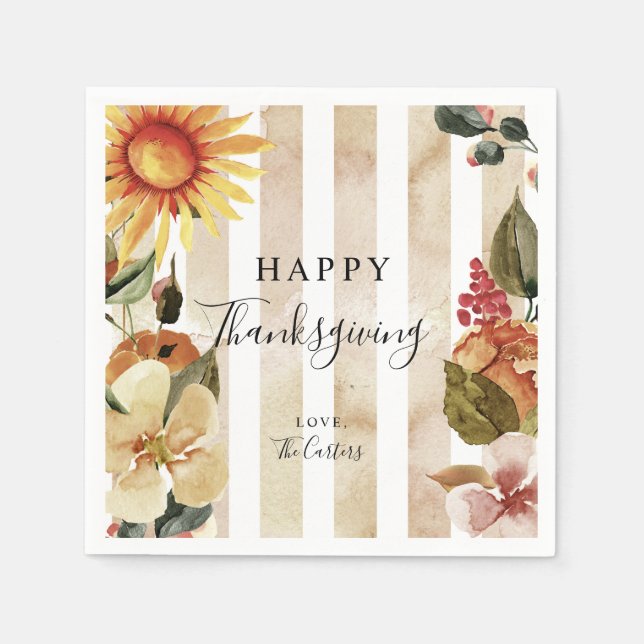 Fall Autumn Flowers Happy Thanksgiving Elegant Napkins (Front)