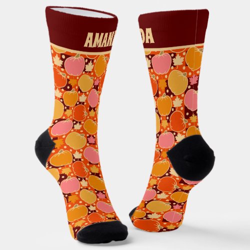 Fall Autumn Flowers  Pumpkin Boho Orange Plaid Socks