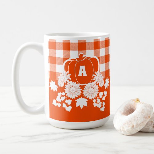 Fall Autumn Flowers  Pumpkin Vines Orange Plaid Coffee Mug