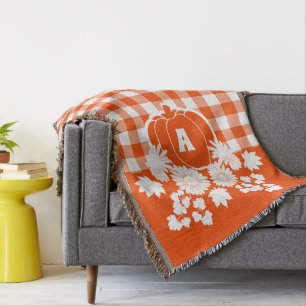 Fall Autumn Flowers & Pumpkin Vines Orange Plaid Throw Blanket