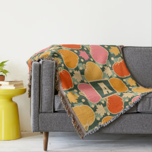 Fall Autumn Flowers & Pumpkins Boho Green Plaid Throw Blanket