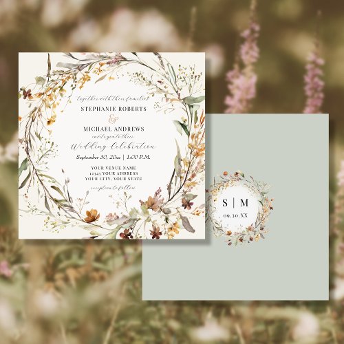 Fall Autumn Flowers Wildflowers Ivory Wedding Invitation