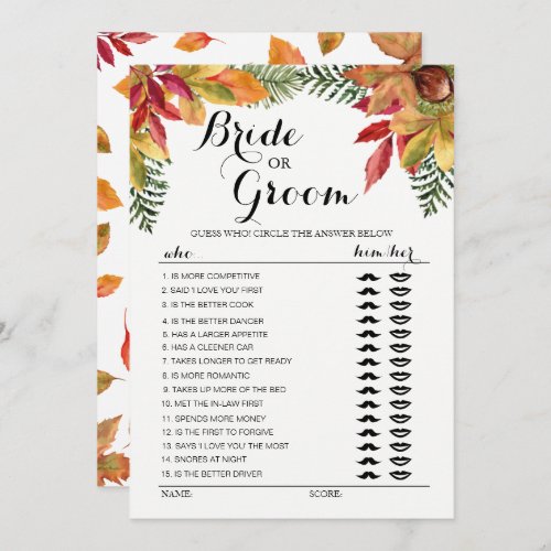 Fall Autumn foliage Bride or Groom game editable Invitation