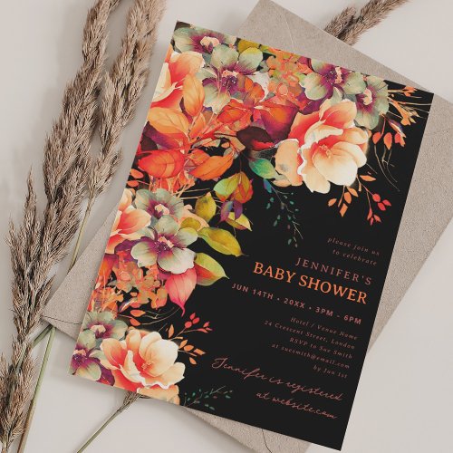 Fall Autumn Garden Floral Baby Shower Black Invitation