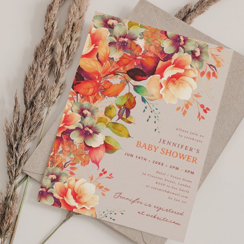 Fall Autumn Garden Floral Baby Shower Champagne  Invitation