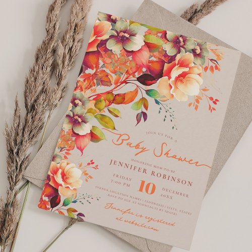 Fall Autumn Garden Floral Baby Shower Champagne  Invitation