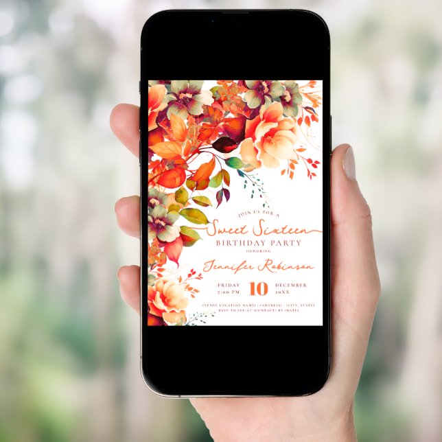 Fall Autumn Garden Floral Sweet 16 Birthday Party Invitation (Front Digital)