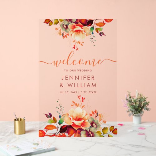 Fall Autumn Garden Floral Wedding Welcome Acrylic Sign