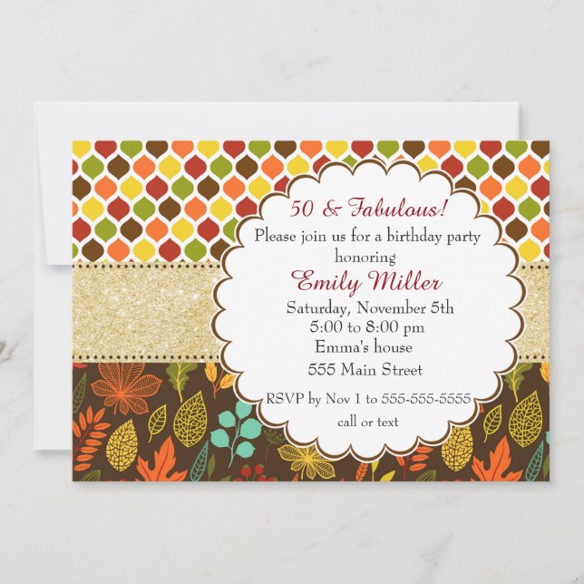 Fall Autumn Glitter Adult Birthday Invitation (Front)