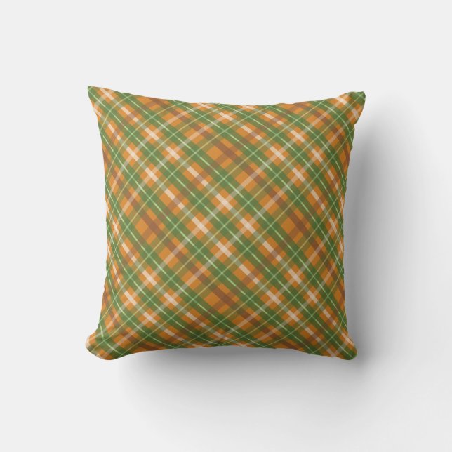 Fall | Autumn Green and Orange Plaid Throw Pillow (Front)