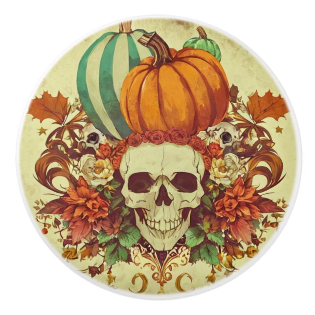 Fall/Autumn/Halloween/pumpkin/skeleton  Ceramic Knob (Front)