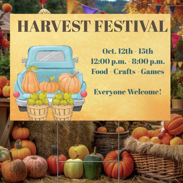 Fall Autumn Harvest Sign (Charming blue vintage truck filled with pumpkins, perfect rustic fall harvest sign)