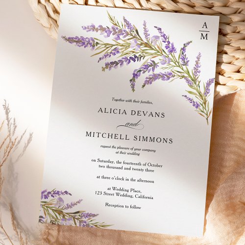 Fall autumn lavender floral watercolor wedding  invitation