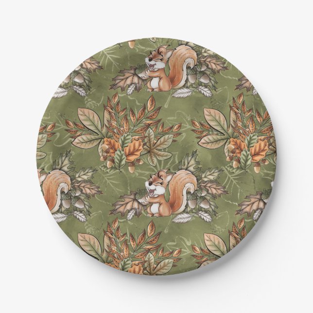 Fall Autumn Leaves and Squirrel Paper Plates (Front)