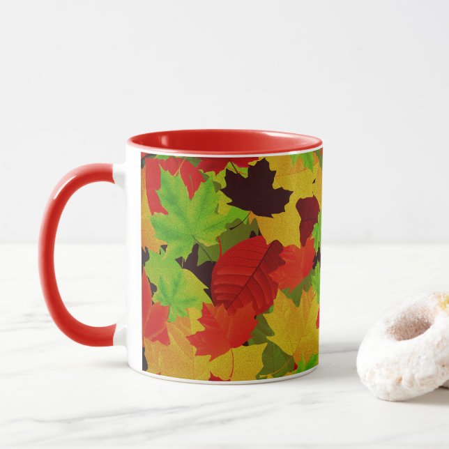 Fall Autumn Leaves Bright Colorful Pattern Mug (With Donut)