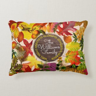 Fall Autumn Leaves Collage Monogram Vintage Wood Accent Pillow