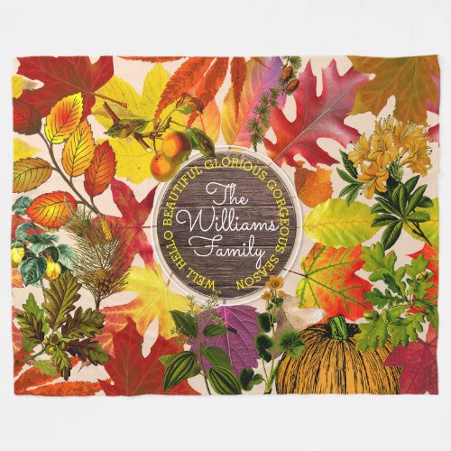 Fall Autumn Leaves Collage Monogram Vintage Wood Fleece Blanket