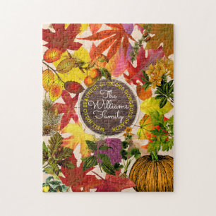 Fall Autumn Leaves Collage Monogram Vintage Wood Jigsaw Puzzle