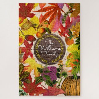Fall Autumn Leaves Collage Monogram Vintage Wood Jigsaw Puzzle