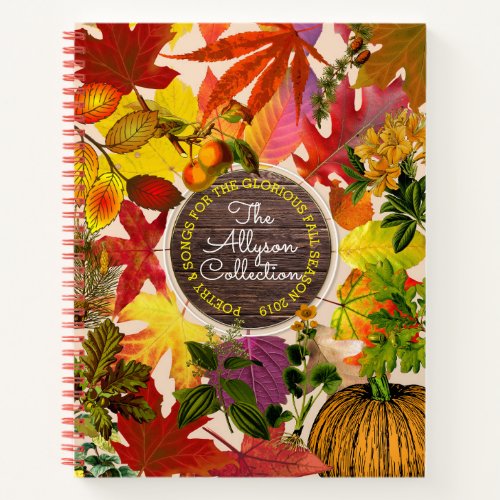 Fall Autumn Leaves Collage Monogram Vintage Wood Notebook
