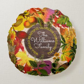 Fall Autumn Leaves Collage Monogram Vintage Wood Round Pillow