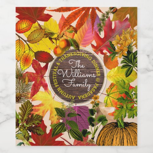Fall Autumn Leaves Collage Monogram Vintage Wood Wine Label