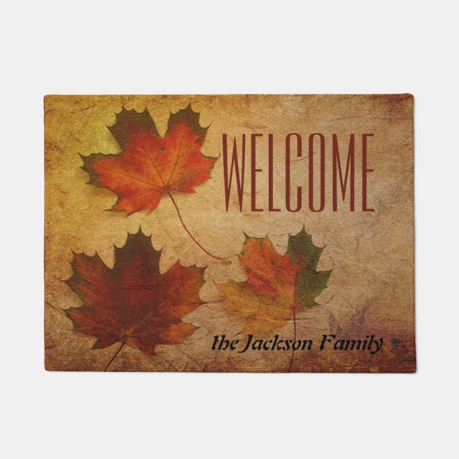 Fall Autumn Leaves Colorful Family Name Doormat (Front)