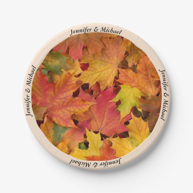 Fall Autumn Leaves Custom Names Wedding Reception Paper Plates (Front)