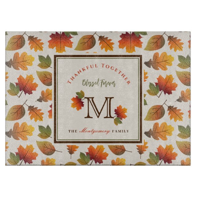 Fall/Autumn Leaves Family Monogram Thanksgiving Cutting Board (Front)