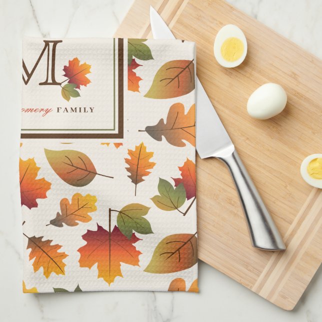 Fall/Autumn Leaves Family Monogram Thanksgiving Kitchen Towel (Quarter Fold)