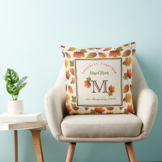 Fall/Autumn Leaves Family Monogram Thanksgiving Throw Pillow