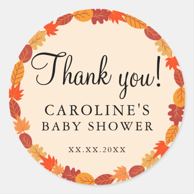Fall Autumn Leaves Halloween Baby Shower Thank You Classic Round Sticker (Front)