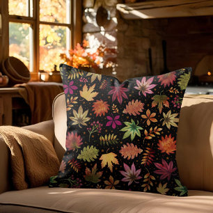 Fall Autumn Leaves Halloween Pattern on Black Throw Pillow
