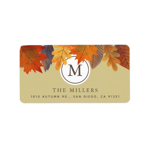 Fall Autumn Leaves Khaki Monogram Address Label