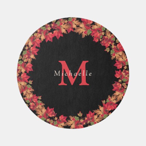 Fall Autumn Leaves leaf Black Orange round Rug