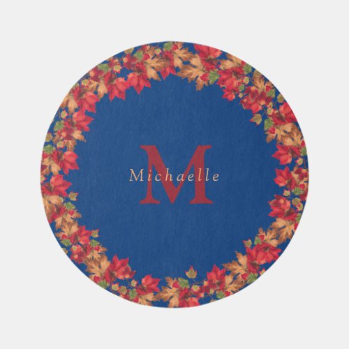 Fall Autumn Leaves Leaf Blue Orange Round Rug