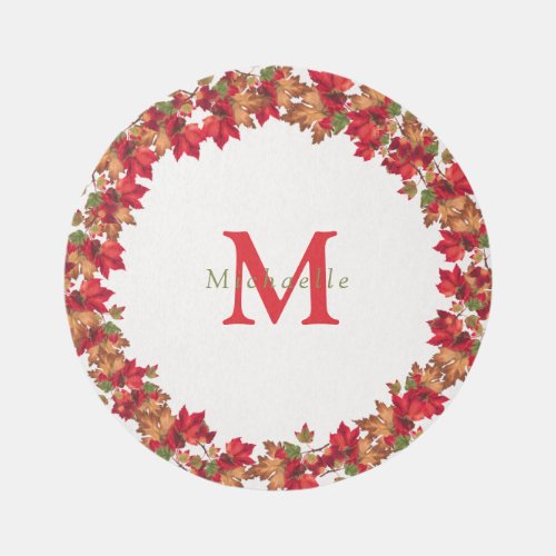 Fall Autumn Leaves Leaf Ivory White Orange Round Rug