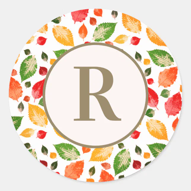Fall Autumn Leaves Monogram Initial Classic Round Sticker | Zazzle